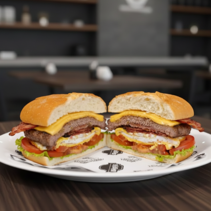 Pão francês, churrasco, alface, tomate, queijo e ovo