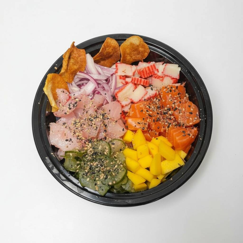 Arroz, salmão em cubos, tilápias em cubos, sunomono, cebola roxa, kanni, chips de batata doce.