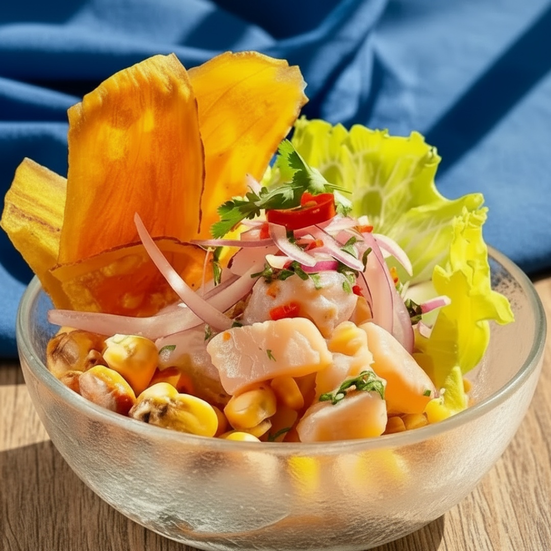 Peixe do Dia, leite de tigre, chips e milho peruano