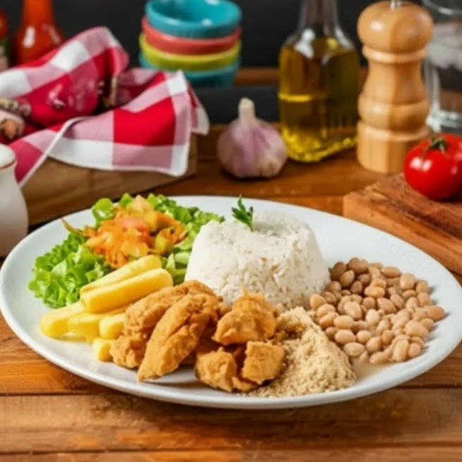 Peito De Frango Empanado Nosso campeão de vendas, prato de Steak (tiras de peito de frango crocante) com o nosso tempero secreto, acompanha arroz, feijão, farofa, a inigualável e exclusiva batata belga frita e salada (alface, cenoura e tomate).