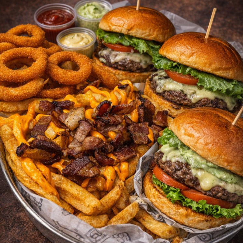 - 2 Hambúrgueres Verona: Carne artesanal suculenta de 150g, mussarela derretida, bacon crocante, tomate fresquinho e alface crocante no pão macio - 1 Berlim: Hambúrguer artesanal de 150g com mussarela, molho verde caseiro, tomate e alface - Batata frita sequinha e crocante (250g), temperada na medida certa - Anel de cebola crocante e saborosa (200g)