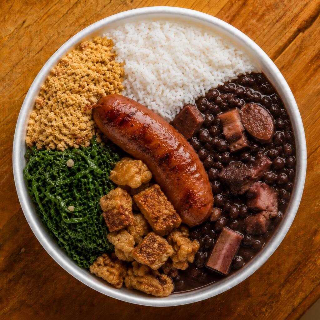 Feijoada Especial da Casa – Uma receita tradicional feita com ingredientes de qualidade e tempero caseiro. Acompanha arroz branco, couve refogada e torresmo, linguiça e farofa, crocante para uma refeição completa e saborosa.