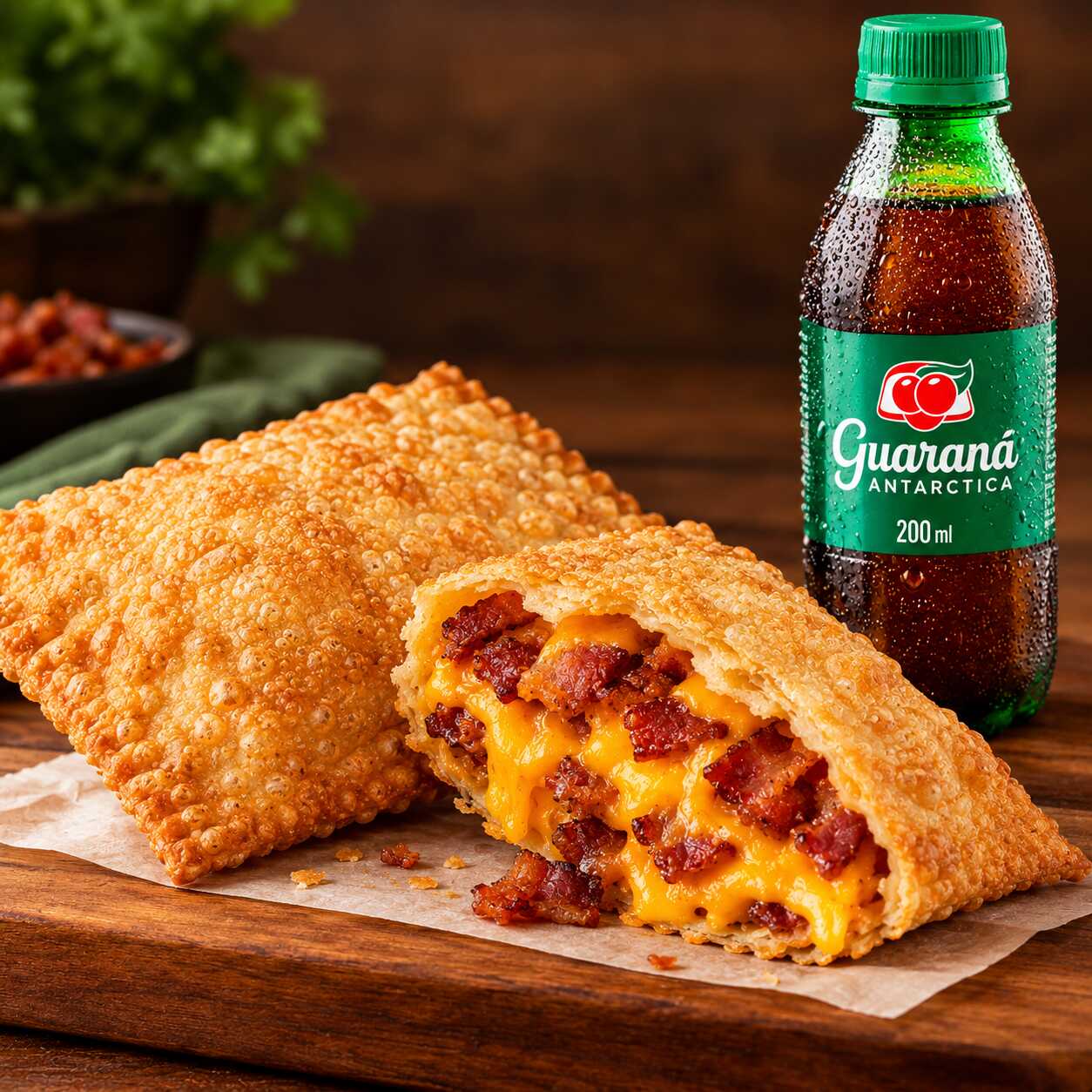 Pastel crocante recheado de bacon suculento com cheddar e cheio de sabor, acompanhado de um Guaraná bem gelado de 200ml. Uma combinação caprichada que você começa a comer e não quer mais parar!