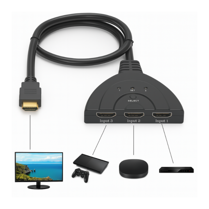 Conecte até três dispositivos em uma única entrada Hdmi com este divisor 3 em 1. Ideal para quem precisa alternar entre videogame, Tv e projetor sem ficar trocando cabos. Compatível com resoluções Full Hd e transmissão estável de imagem e som. Possui botão seletor de entrada para facilitar o uso e instalação simples, sem necessidade de energia externa. divisor hdmi, switch hdmi 3 entradas, adaptador hdmi 3 em 1, hdmi para tv, hdmi para videogame, hdmi para projetor, chaveador hdmi, hub hdmi, distribuidor hdmi, seletor de hdmi, divisor hdmi com botão, hdmi alternador de entrada, cabo hdmi múltiplo, switcher hdmi, adaptador hdmi para ps4, adaptador hdmi para notebook, central hdmi, hdmi 3 portas, entrada hdmi múltipla, conexão hdmi tripla, hdmi switch compatível com full hd, switch hdmi, expansor hdmi, informática, eletrônico, eletrônicos, divisor hdmi, cabo hdmi, adaptador hdmi, adaptador para hdmi