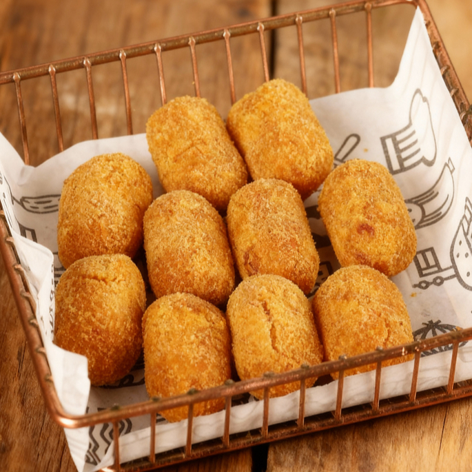Combo de 10 Croquete de Calabresa, frito na hora para chegar quentinho na sua casa. Entrega super rápida. Salgadinhos de 25g (Padrão Festa).