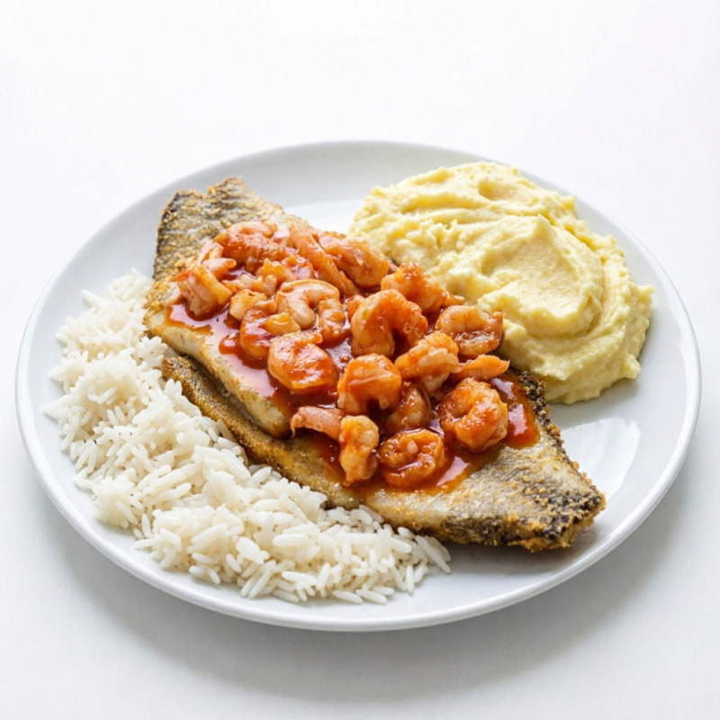 Filé de robalo levemente passado na farinha de arroz, frito em óleo de algodão. Camarões no azeite de oliva, com molho vermelho e um toque de amor. Acompanha um cremosissimo purê de batata e arroz branco
