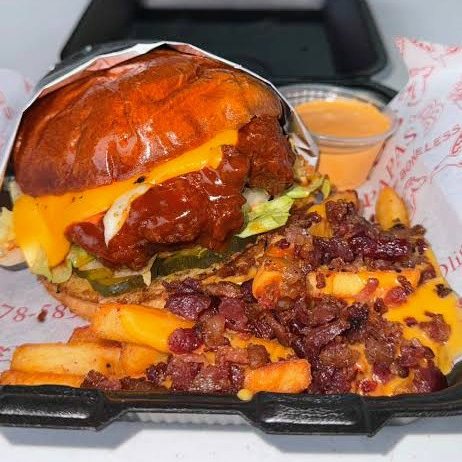 Hamburguesa boneless, & papas con tocino ‼️