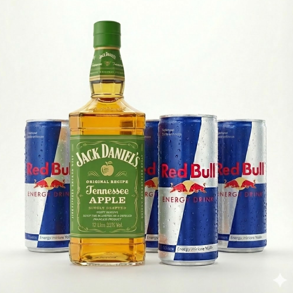 Jack Daniel's Apple/ Maçã Verde Completo – Com 4 Red Bulls e 4 Gelos Descrição: Combo para chegar gelando na sua casa. 1x Whisky Jack Daniel's Tradicional 1L (Original) 4x Red Bull (Escolha os sabores nos complementos) 4x Gelo de Sabor (Escolha os sabores nos complementos) Selecione as opções abaixo e finalize seu pedido!