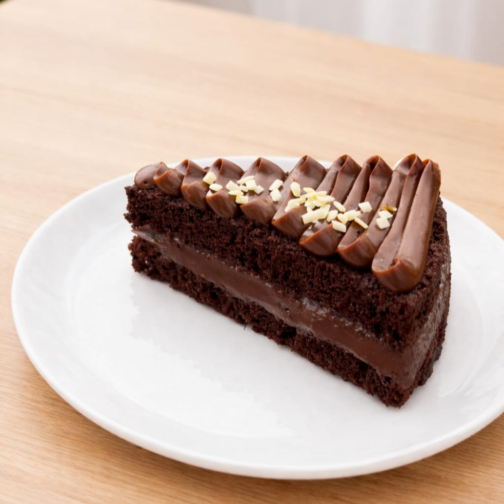 Deliciosa fatia de bolo de chocolate super macio e molhadinho, recheado com um cremoso brigadeiro de chocolate e coberto com uma generosa camada de brigadeiro por cima. Finalizada com granulado de chocolate branco.