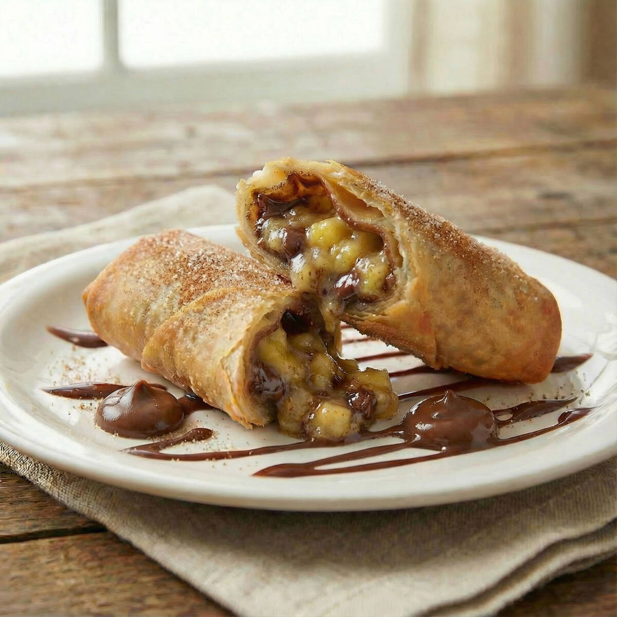 Rolinhos de Banana com Chocolate, Confeccionado em Massa Fina Especial, Envolvido na Canela com Açúcar