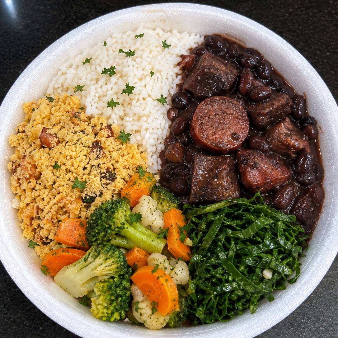 Arroz, feijoada, legumes, farofa, salada