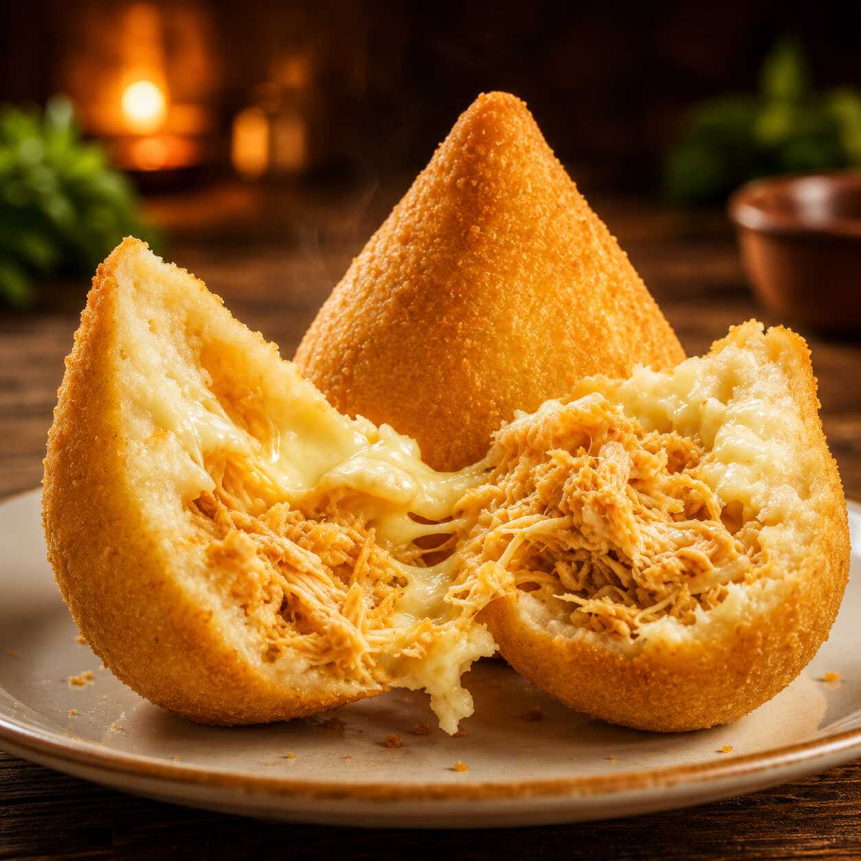 Coxinha de frango desfiado com requeijão cremoso.