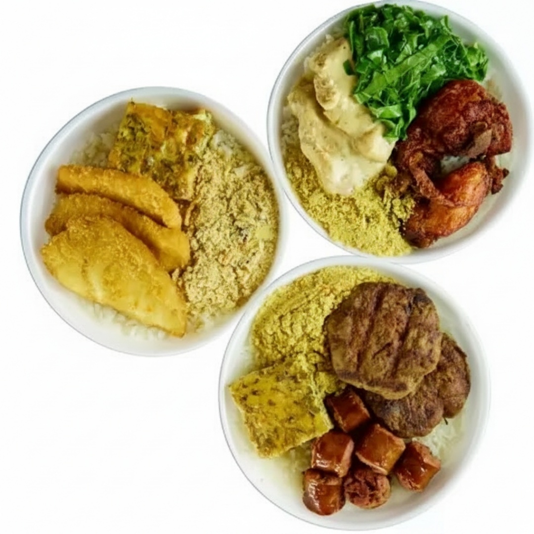 Marmitex do Dia com tudo que você ama! Inclui Arroz Branco, Feijão Carioca, Farofa e Salada. Agora é só escolher a sua Proteína e Acompanhamento para deixar o prato do seu jeito!