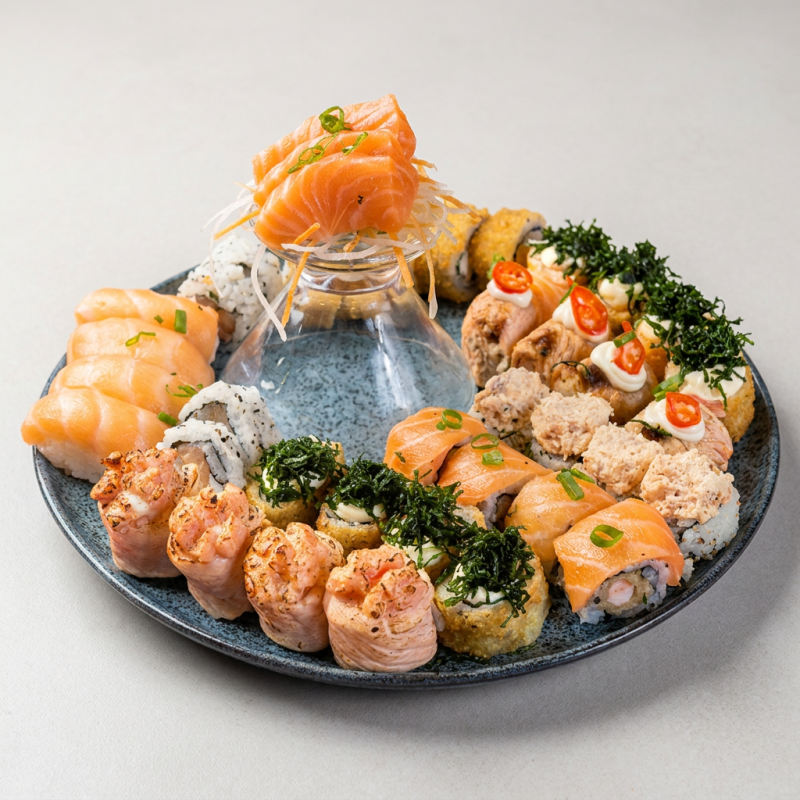 São 40 peças Os sushis com cream cheese e cebolinha 04- sashimi salmão cru 04- nigiri salmão cru 04- Yukata ( uramaki camarão empanado coberto com fatia de salmão cru ) 04- maçaricado salmão grelhado 04- joy salmão com couve frito 04- joy salmão maçaricado 04- hot Philadelphia salmão grelhado com molho tare 04- hot Philadelphia salmão grelhado com couve frito 04- uramaki salmão grelhado com salmão grelhado no top 04- uramaki salmão cru