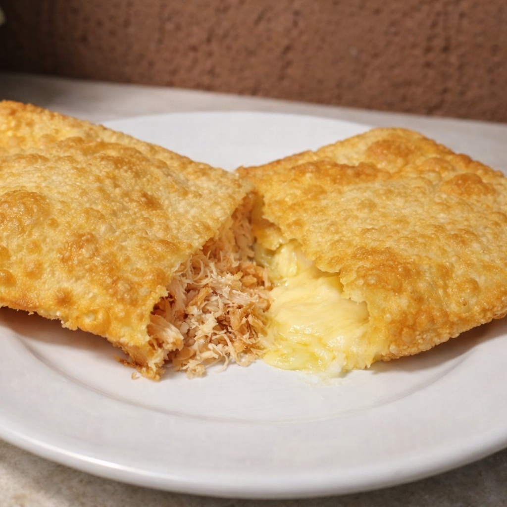 Pastel crocante com recheio de frango temperado e queijo derretido.