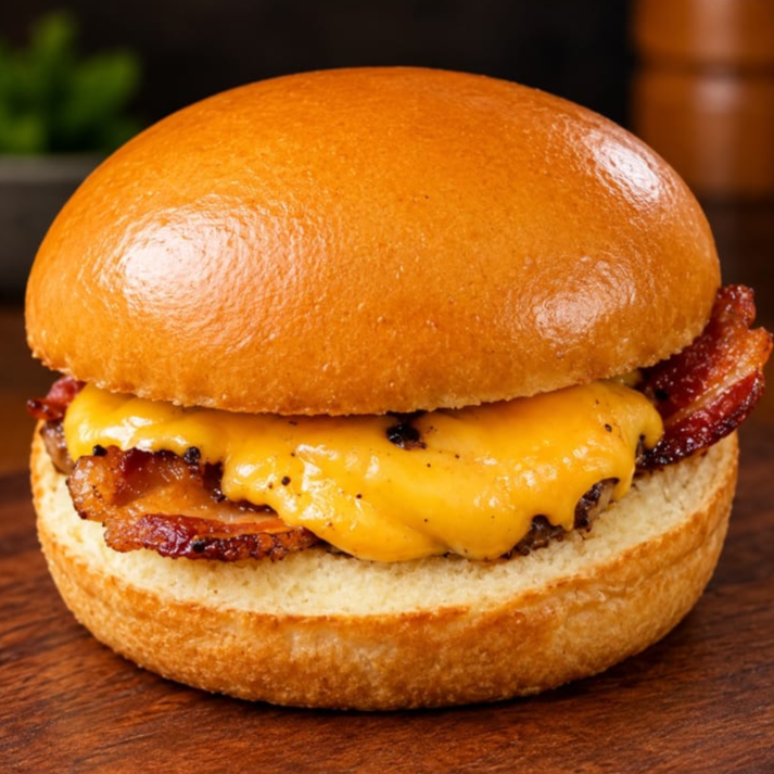 Pão Brioche, Maionese do Chef, alface americana, tomate, burguer 80g, queijo cheddar