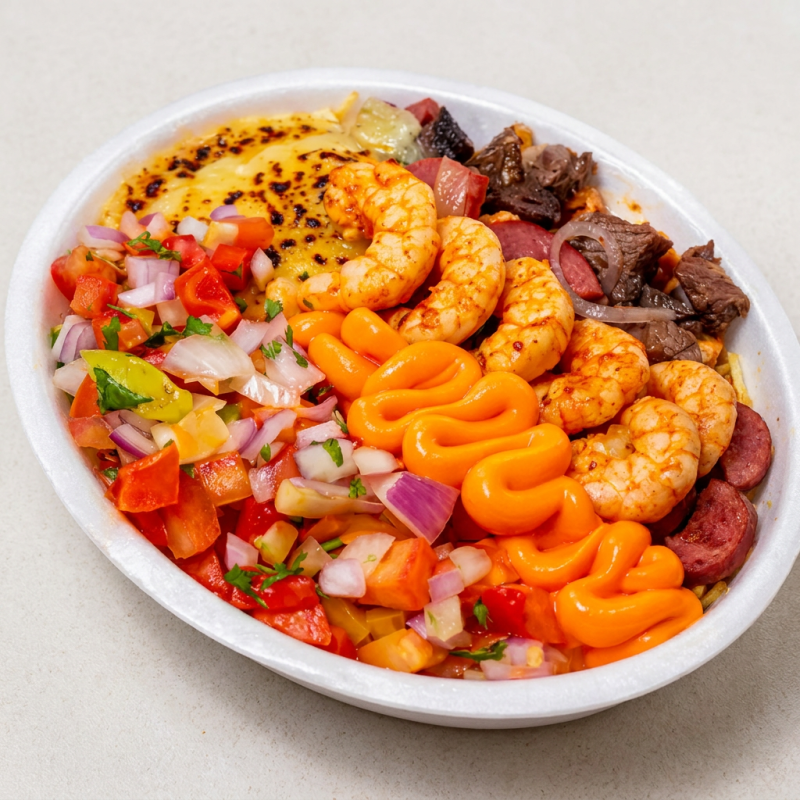 Pirão + Carne do Sol + Frango + Calabresa + Camarão + Queijo macio Vinagrete + Batata palha + cheddar. G: 750g GG: 1kg