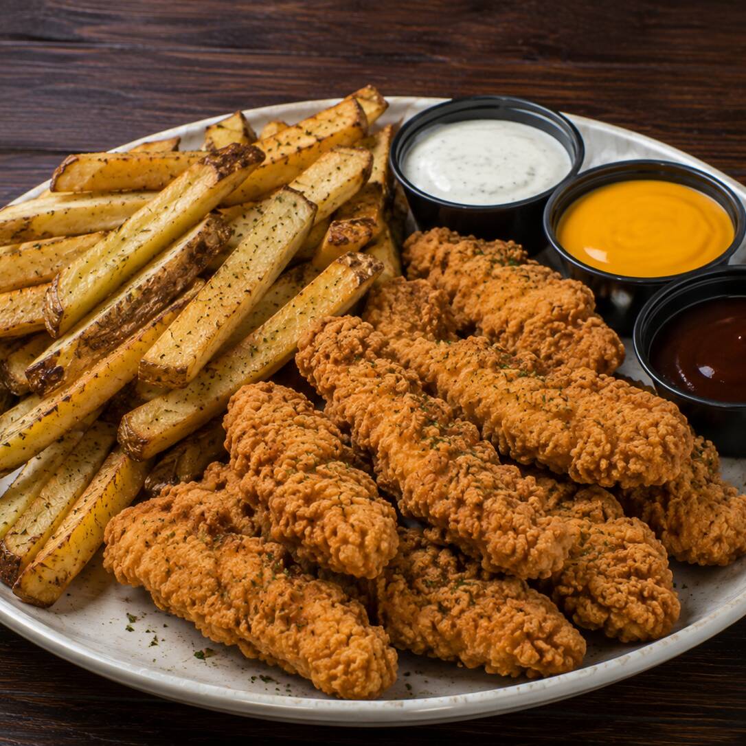 Chicken Tenders + Papa + Cremas
