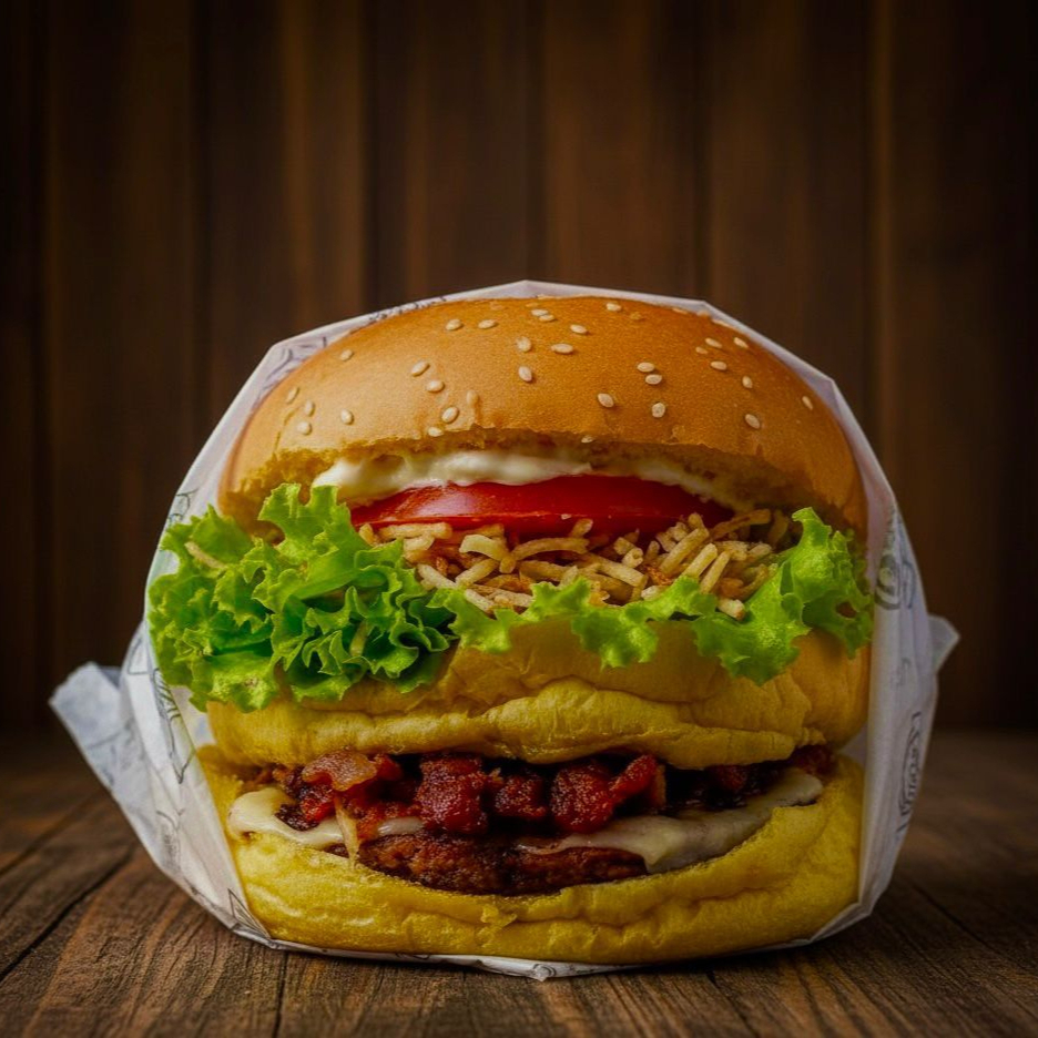 Pão, carne, presunto, queijo, ovo, maionese de alho, billy jack, cebola crispy, batata palha, salada e requeijão