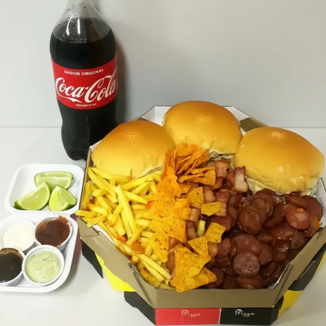 03 X-BURGUER ou X-SALADA porção media de batata porção media de calabresa cheddar, doritos nachos, refri 2 litros molhos