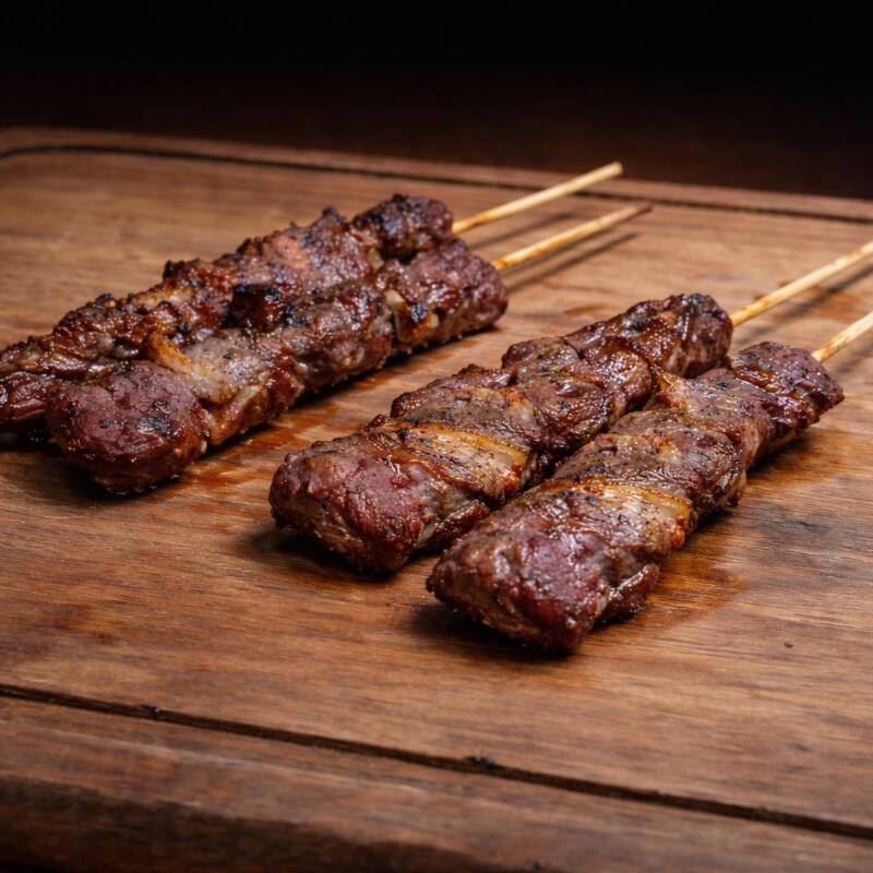 Carne bovina temperada e assada na brasa.