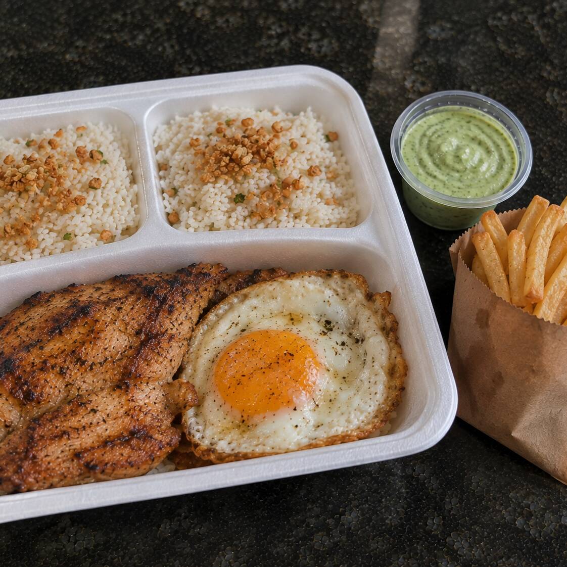 Delicioso arroz soltinho, batata frita crocante, ovo frito e um filé de frango grelhado em chama aberta. (Acompanha maionese verde).