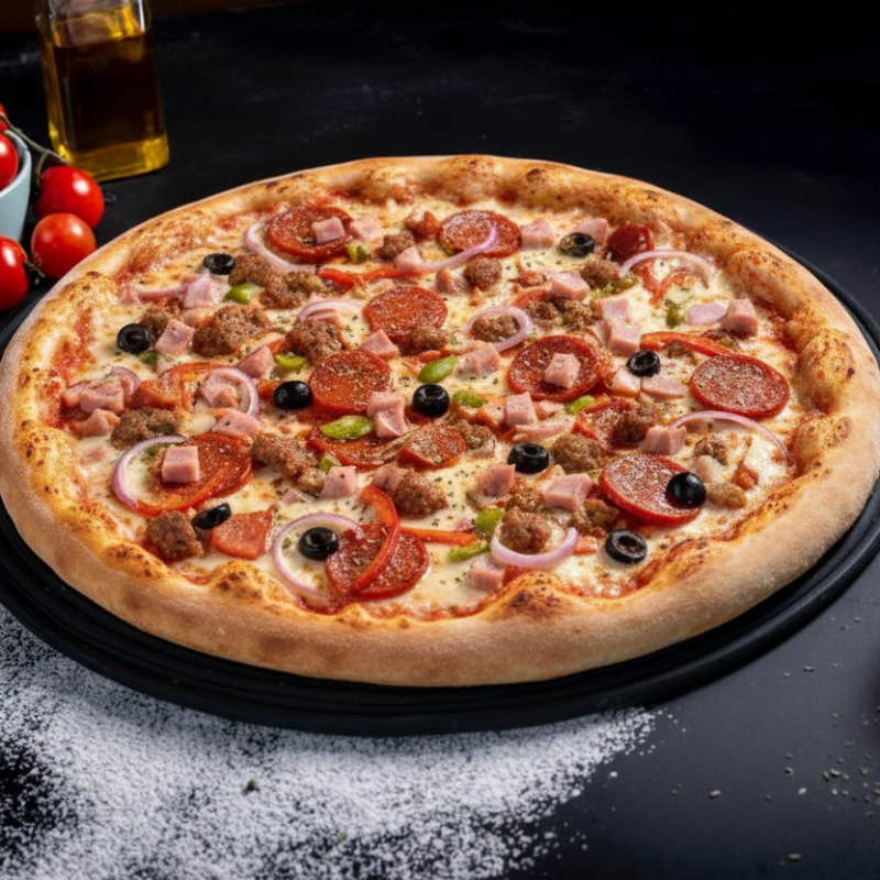 molho, tomate, mussarela, presunto, frango, tomate, cebola e orégano