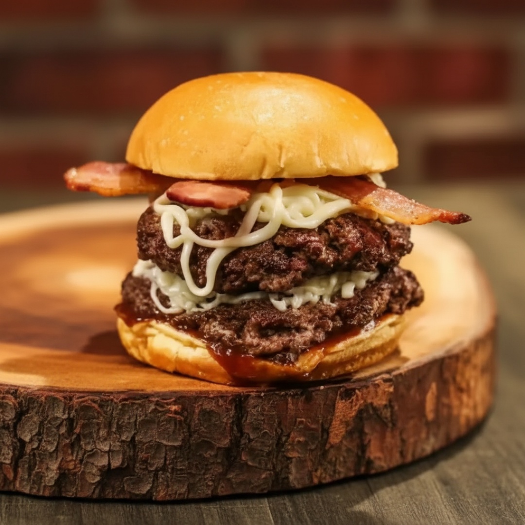 Pão de brioche, 2 carnes de 150 gramas, catupry, bacon e barbecue