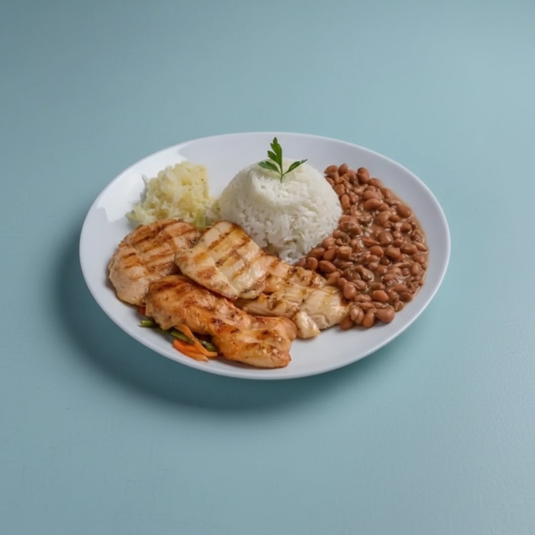 Arroz Soltinho, Feijão de Caldo, File de Peito de Frango Grelhado e Salada