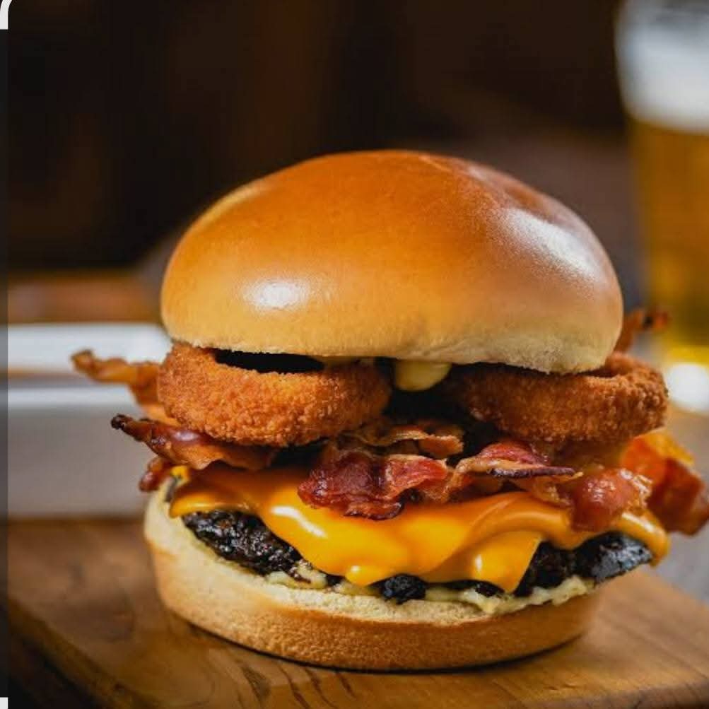 Pao hambúrguer de picanha,queijo bacon aneis cebola molho barbecue salada