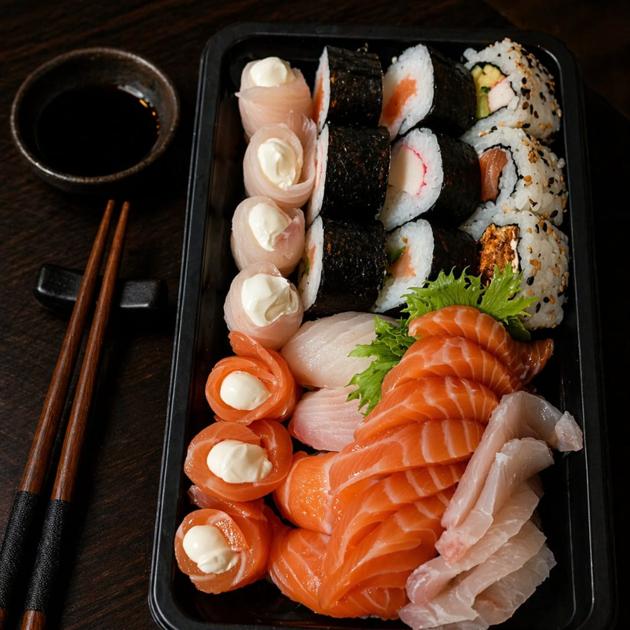 9 sushis variados, 5 sashimi de salmao, 5 sashimi de tilapia, 1 gukan especial