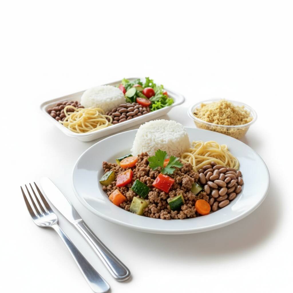 Carne moída refogada com mix de legumes frescos, acompanhada de (Arroz, Feijão, Macarrão, Salada e Farofa)