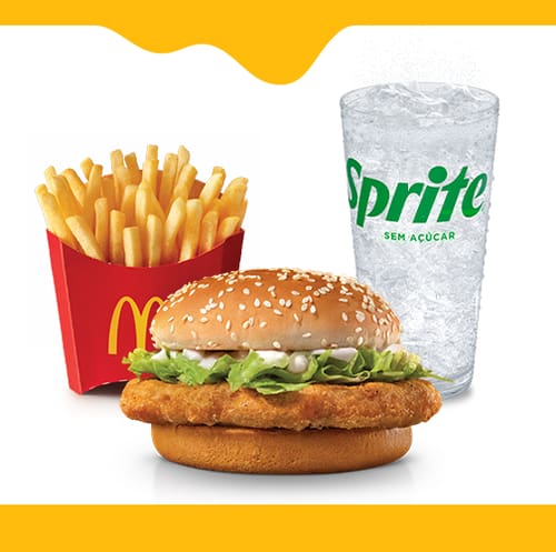O sabor que você adora. Frango empanado e dourado com molho suave e cremoso, alface crocante num pão com gergelim, McFritas média e bebida