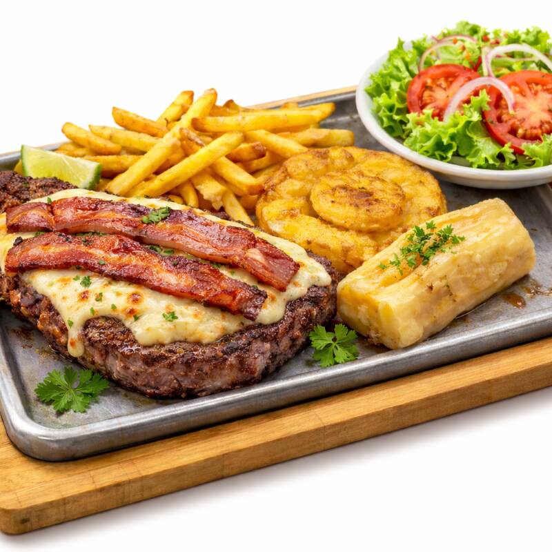 CARNE A LA PARILLA (300 GR) GRATINADA CON TOCINETA