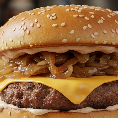 pão tradicional, 1 blend de 130 g de carne, 1 fatia de queijo cheddar 2 fatias de bacon, cebola caramelizada e molho.