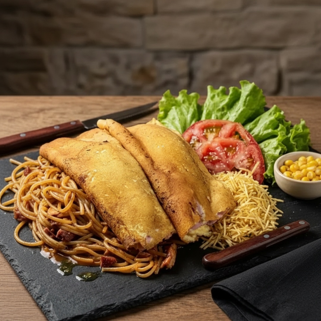 Macarrão na Chapa Grande é uma explosão de sabor servida direto da chapa, quente e irresistível. O macarrão bem temperado se mistura ao frango suculento e ao bacon crocante, formando uma base rica e cheia de personalidade. Para deixar ainda mais especial, 2 omeletes de presunto, mussarela derretida e Catupiry cremoso se incorporam ao prato, enquanto o milho adiciona leveza e a batata-palha finaliza com aquela crocância que faz toda a diferença. Um prato generoso, completo e feito para satisfazer qualquer fome.
