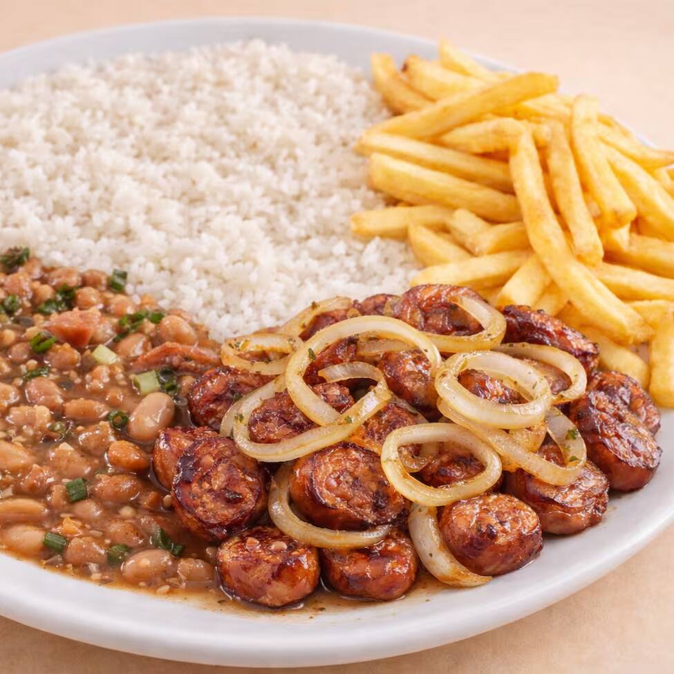 Linguiça Frita, Com Arroz, Feijão Caseiro Bem Temperado E Uma Generosa Porção De Batata Frita.