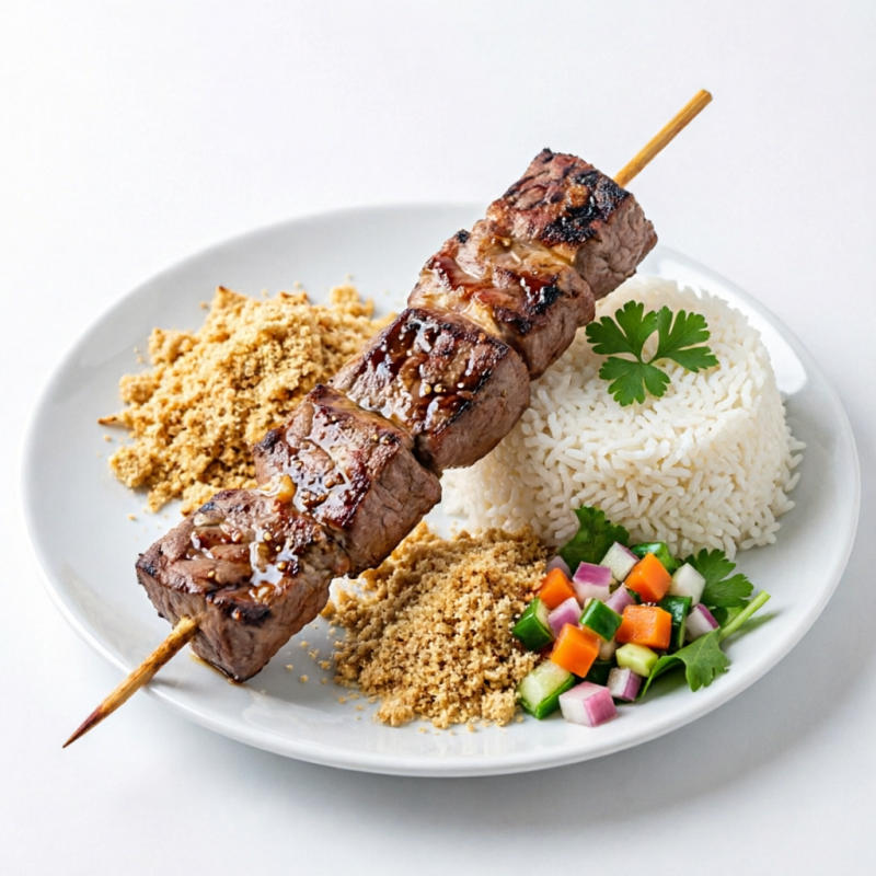Espeto de File Mignon (100g), Arroz, Farofa e Vinagrete
