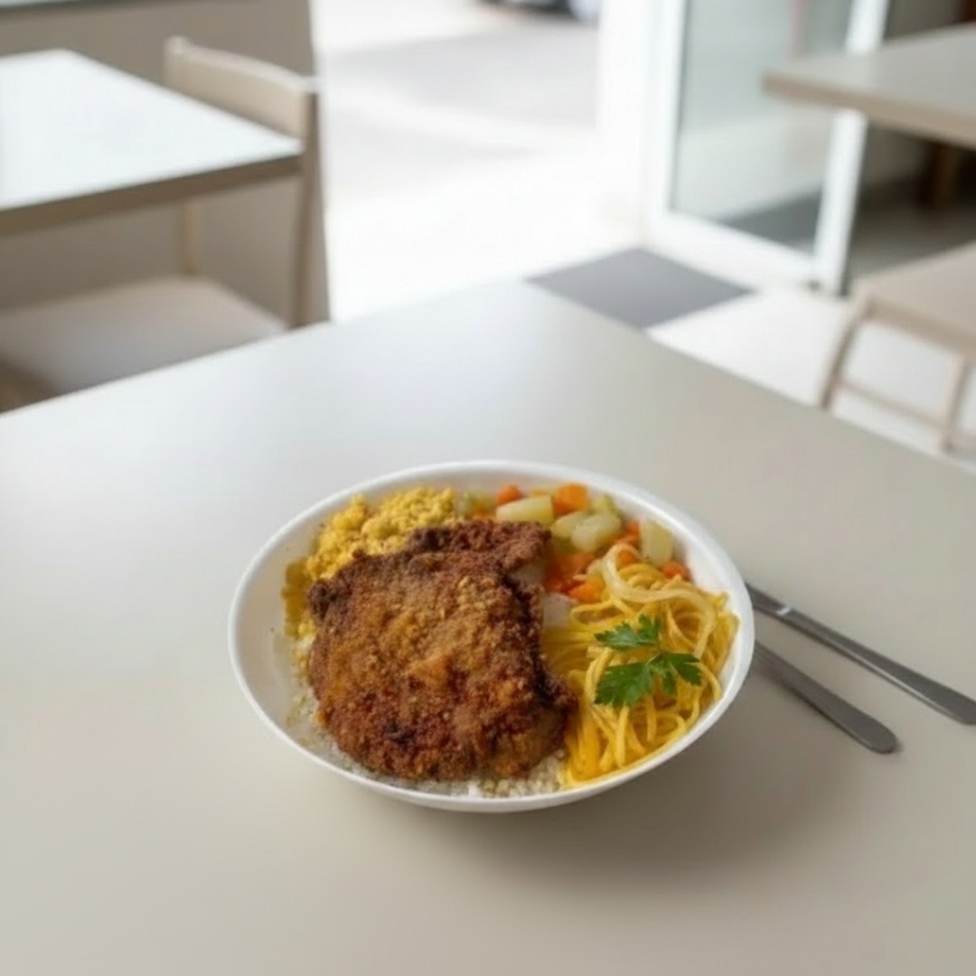 Arroz branco, feijão, massa alho e oleo, farofa, legumes e frango á milanesa