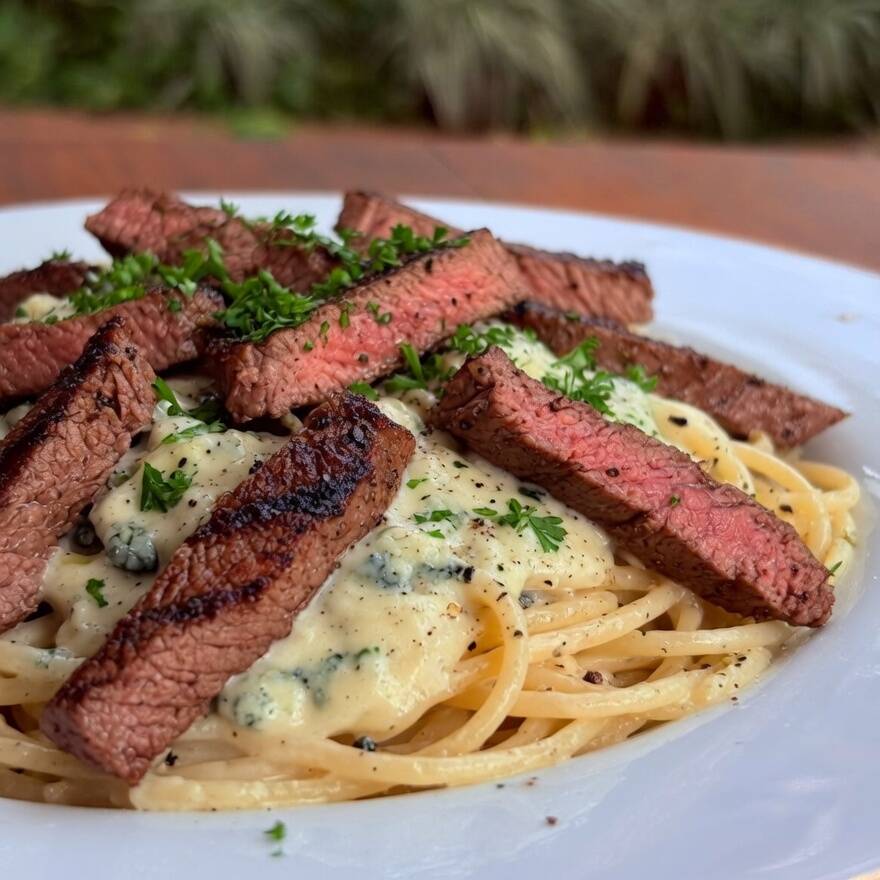Espaguete ao molho de gorgonzola com tiras de filé mignon, combinando cremosidade intensa com carne macia e suculenta. Um prato sofisticado, marcante e perfeito pra quem busca uma experiência mais refinada.