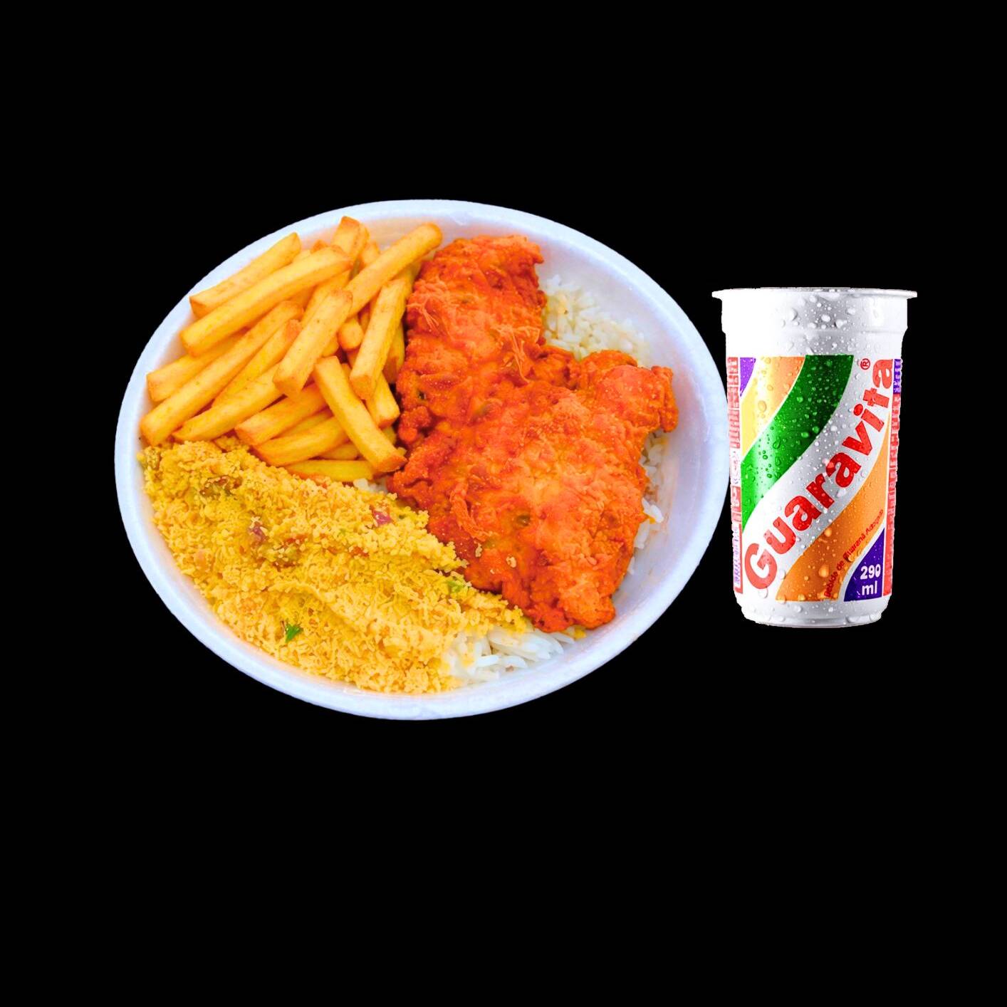 Arroz , feijão , frango empanado , fritas , farifa e guaravita grátis