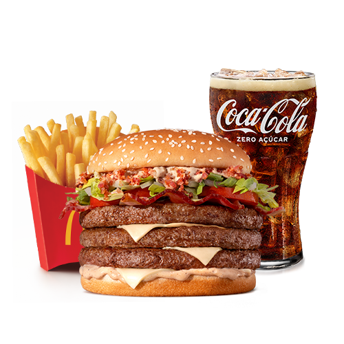 Composto por três hambúrgueres de carne 100% bovina, o icônico molho tasty, uma combinação especial de bacon crispy e fatias de Bacon, queijo processado sabor emental, tomate, alface, cebola, tudo isso no pão com gergelim, acompanhamento e bebida.