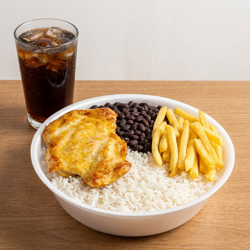Suculento contra filé de frango, arroz soltinho, feijão bem temperado e batata frita dourada e crocante. Refeição completa, caseira e bem servida!