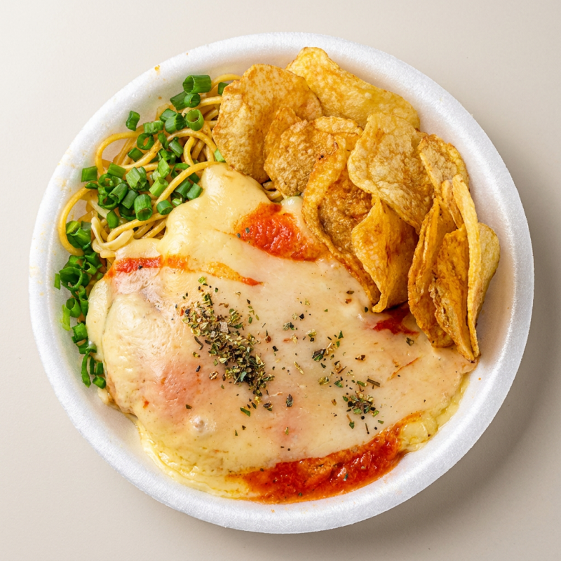 Parmegiana de Frango, Macarrão, Batata Frita, Arroz Branco, Feijão