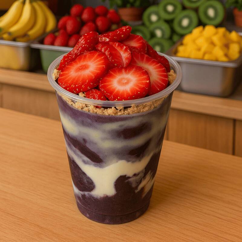 Açaí, 1 fruta + 3 complementos à sua escolha.