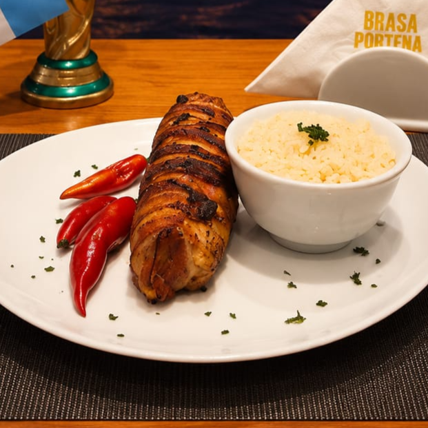 Um delicioso filet de frango recheado com muçarela, tomate seco e espinafre envolto em finas tiras de bacon.... Acompanha arroz e serve uma pessoa
