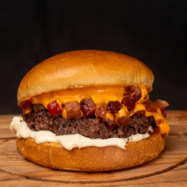 Pão de Brioche, Carne de 100g, Cheddar, Bacon em cubos. Molho. Foto Ilustrativa. Hamburguer artesanal