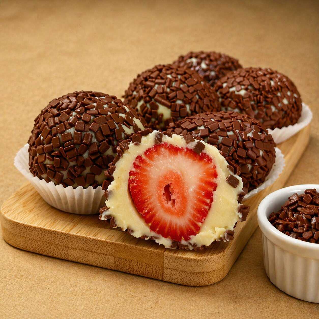 Brigadeiro de Ninho super cremoso com morango fresco e finalização com granulado de chocolate Belga.