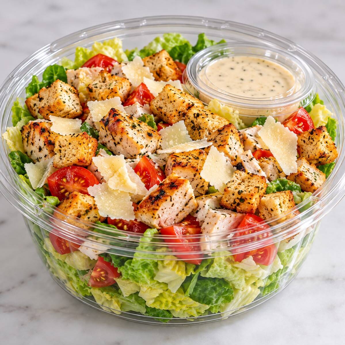 60 g de alface, 50 g de tomate cereja, 100 g de frango grelhado, 20 g de parmesão, 30 g de molho Caesar e 20 g de croutons. Uma salada que combina frango grelhado, parmesão e croutons crocantes com o clássico molho Caesar. ≈ 400 kcal | ≈ 40 g de proteína.