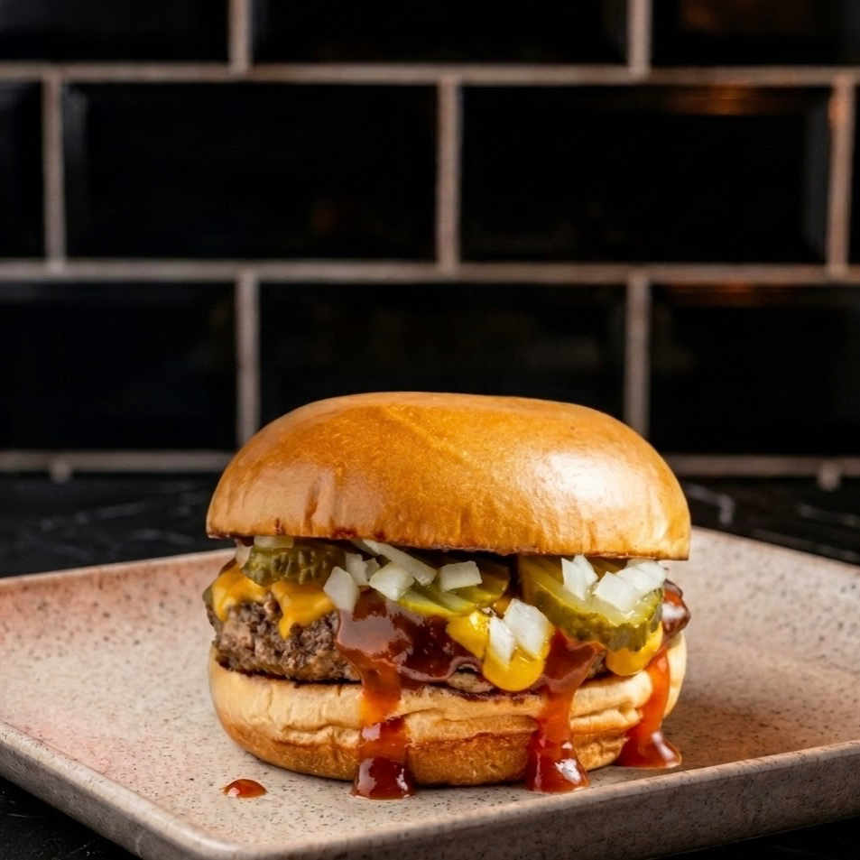 Pão de brioche, blend bovino de 120g, cheddar fatia, cebola branca, picles e molho especial